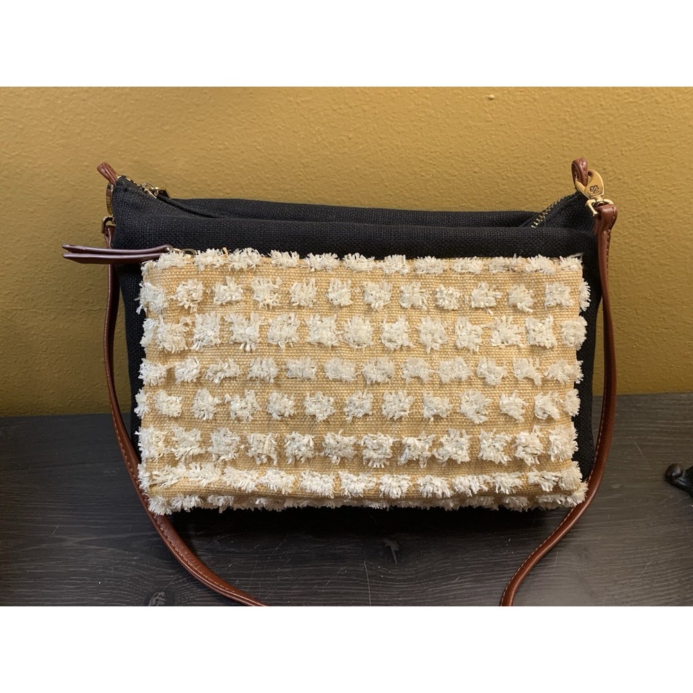 Tommy Bahama Womens Black Canvas Fringed Raffia Crossbody Bag‎ Brown Strap